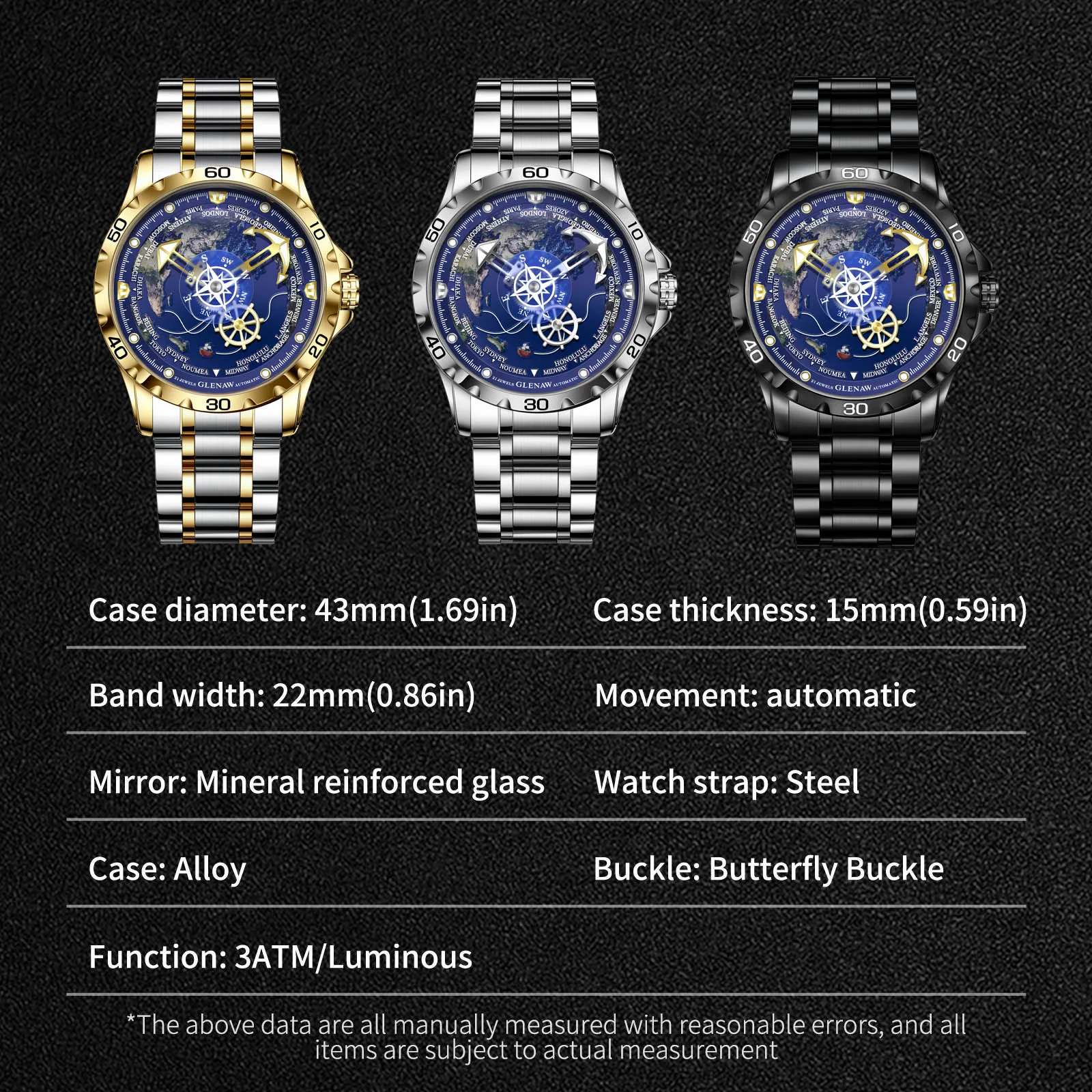 ساعة Glenaw Navigator Series ميكانيكية أوتوماتيكية بالكامل باللون الذهبي والفضي ثنائي اللون وساعة كاجوال راقية