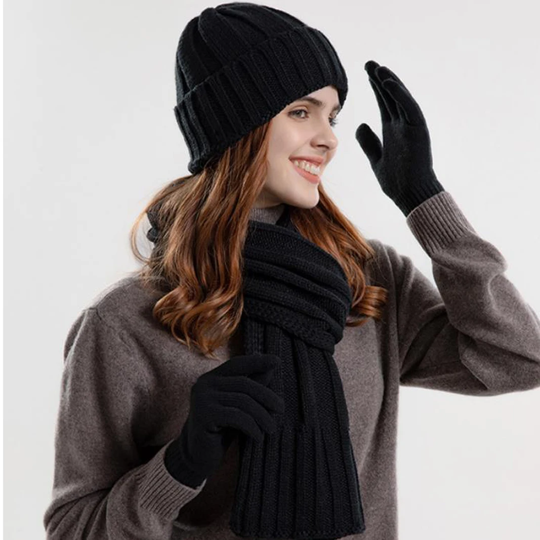 Women Men Knitted Long Scarf Hat Gloves 3pcs Set Winter Thick Plush Fleece-lined Beanies Hat Black Gray Touchscreen Gloves