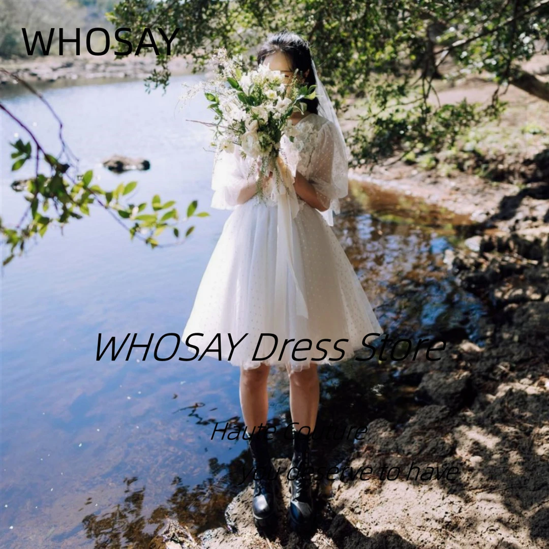 WHOSAY Dot Tulle Short Wedding Dresses V Neck Half Sleeves Homeocming Party Girls Wear Bridesmaid Dress A Line Shoot Photos Gown