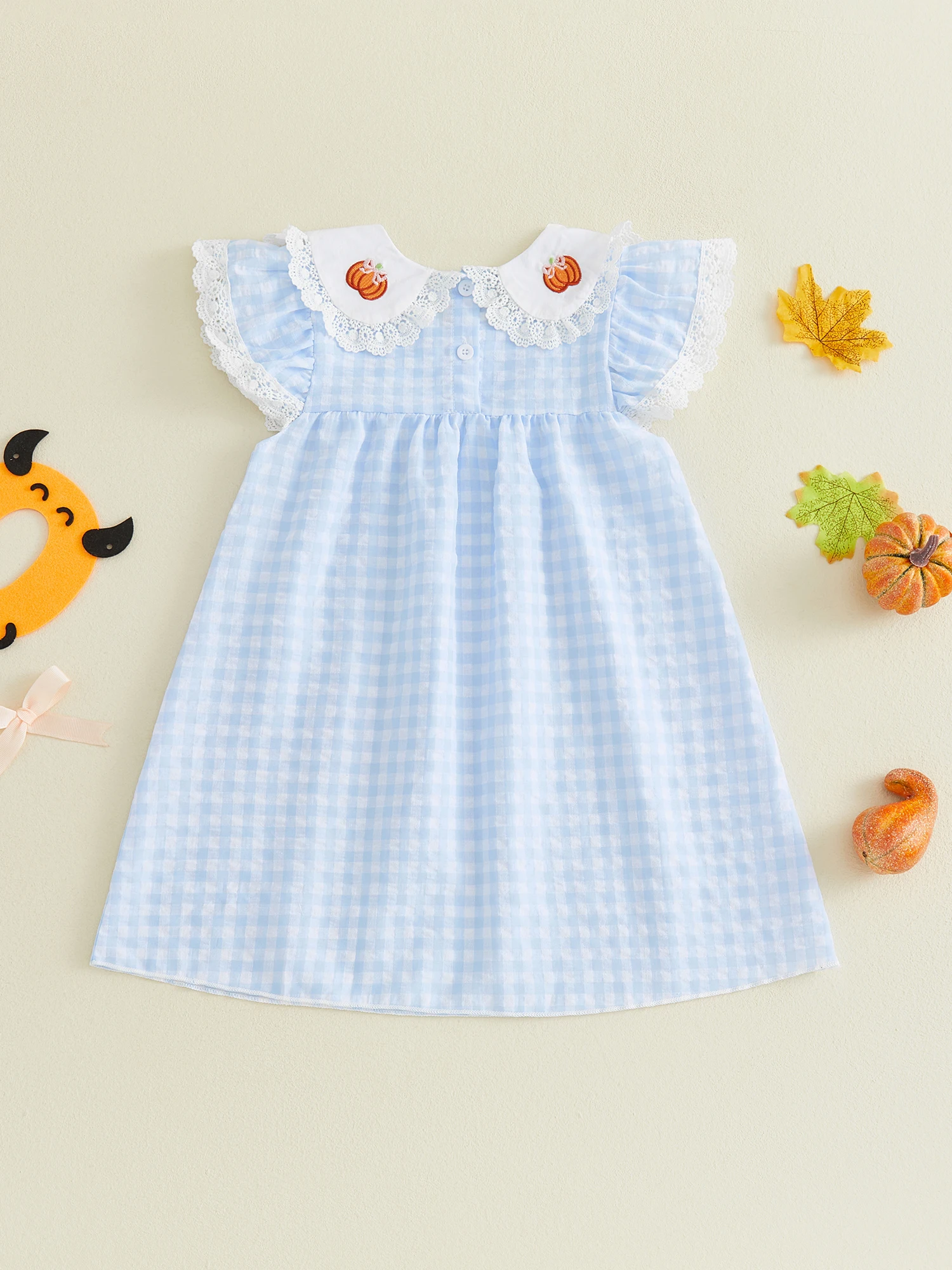 1-6 Jahre Kleinkind Mädchen Halloween-Kleid Niedliches Kürbis-Stickerei Flügelärmel Rundhals Kariertes Spitzenkleid Kostüm – Detail 7