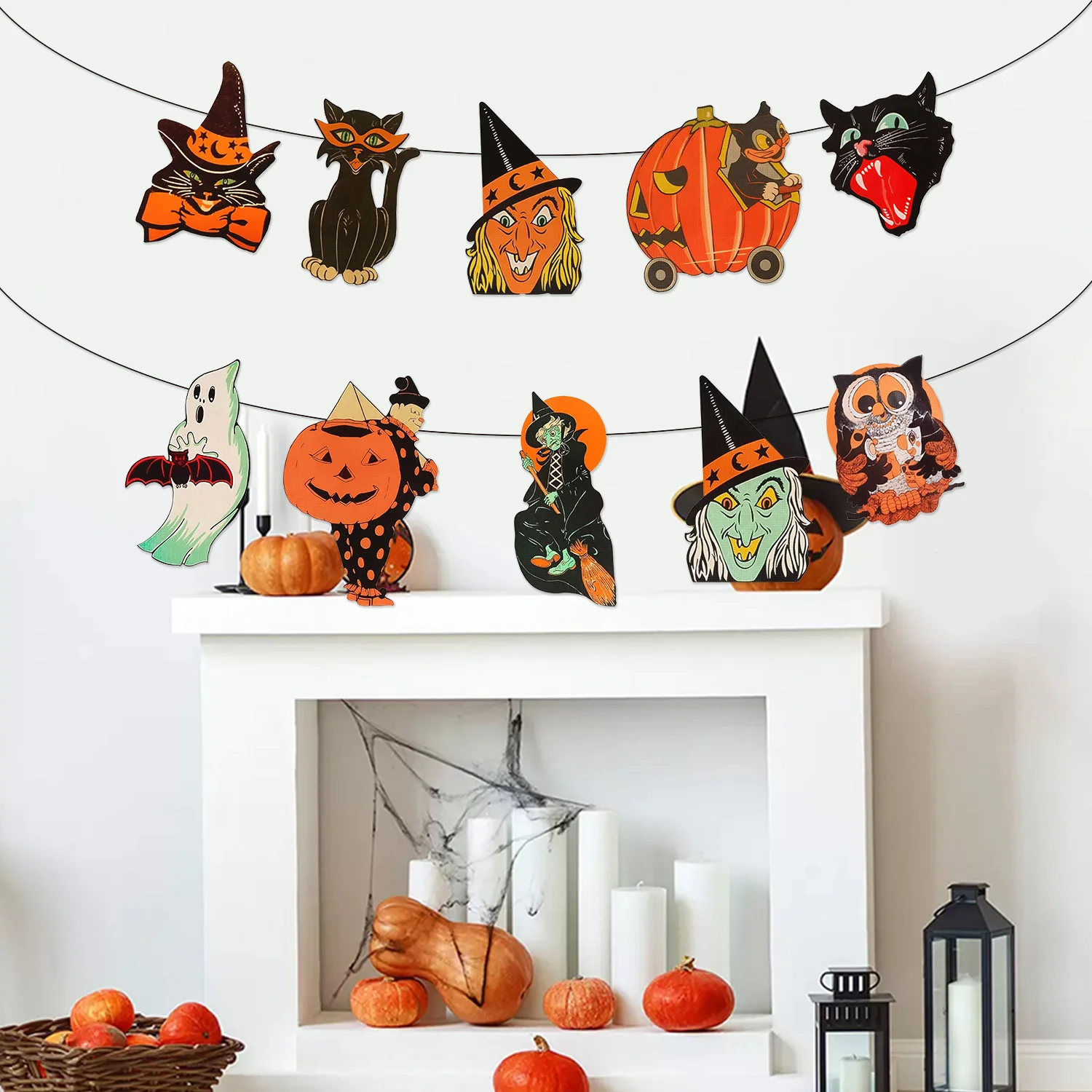 Vintage Halloween Kürbis Schwarze Katze Hexe Eule Hängende Banner Dekorationen Halloween Trick or Treat Heim Wand Party Festival Zimmer – Detail 3