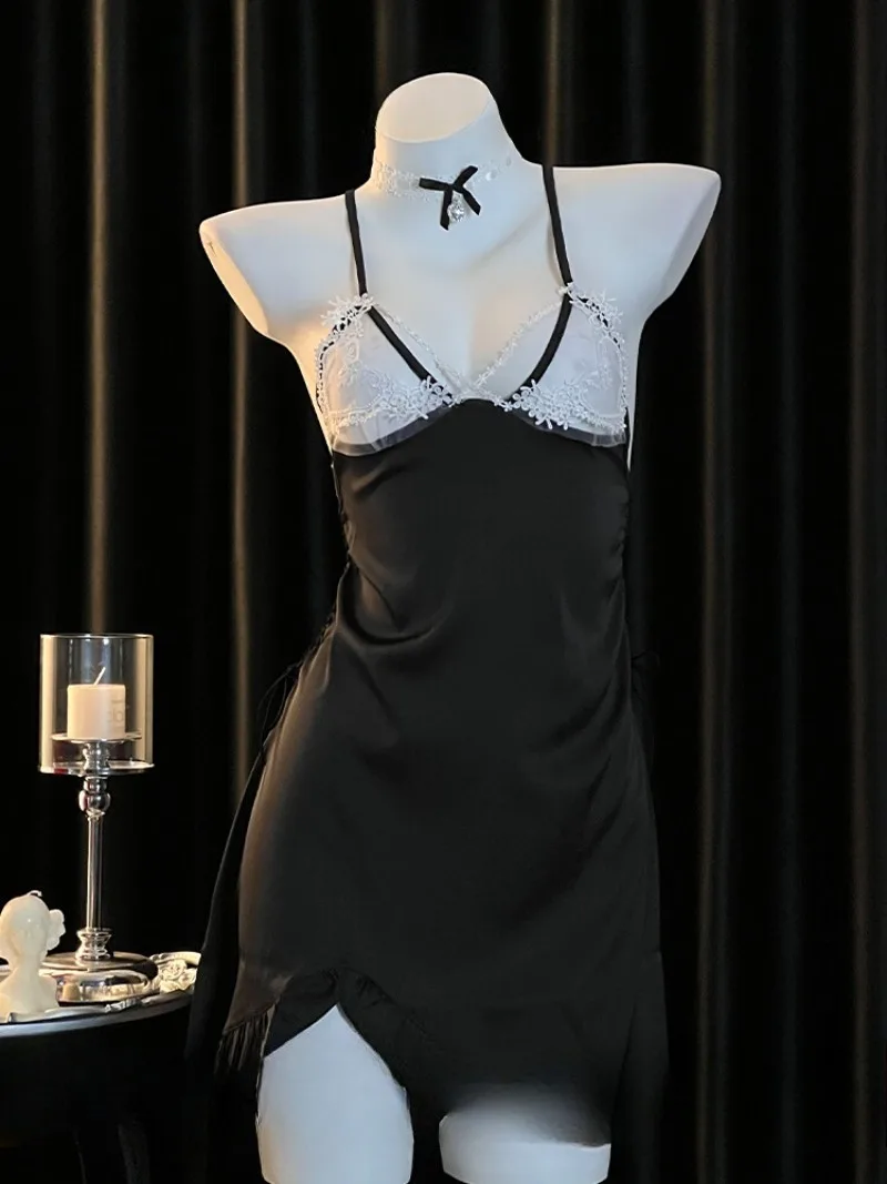 

Strappy Ice Silk Nightdress for Women,French Sexy Homewear,Backless Summer Chemise,Small Bust Friendly Deep V Halter Sleepwear