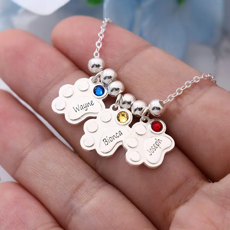 Custom Multi-Paw Print Name Necklace With Birthstone HighQuality Stainless Steel Engrave Name Jewelry Personalized For WomenGift