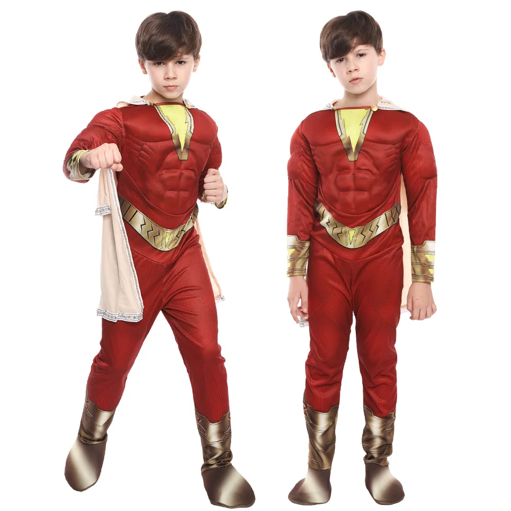 Movie Shazam Kostuum Kids Kinderen Halloween Kostuum Zentai Billy Batson Superheld Cosplay Jongens Bodysuit Zentai Fancy Gift