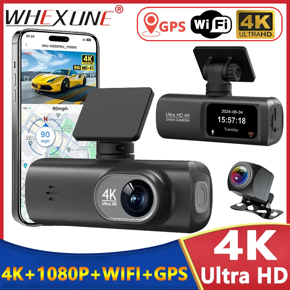 4K UHD Dash Cam Dual Lens Recording Car Camera DVR Night Vision Video Recorder Support GPS Wi-Fi Room Black Box Rear View Camera