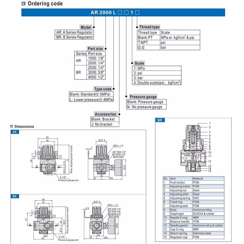 1 pcs BR200 BR3000 BR4000 Air Pressure Regulator 1/4