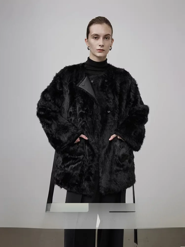 

Bla Fur And Leather Coat Women's Winter 2025 New Simple High-End Feeling Medium-Length Furry Coat Unsspoken Brand