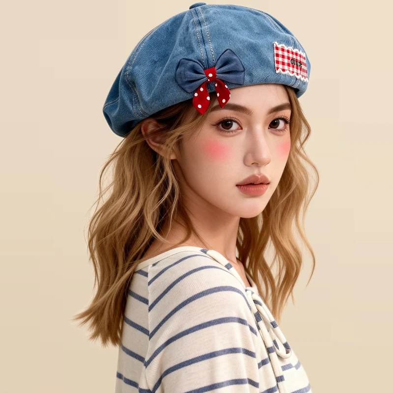 Korean Style Sweet Knot Denim Beret Hats for Women Fashionable Versatile Face Slimming Cloud Eight Corner Octagonal Cap Boinas