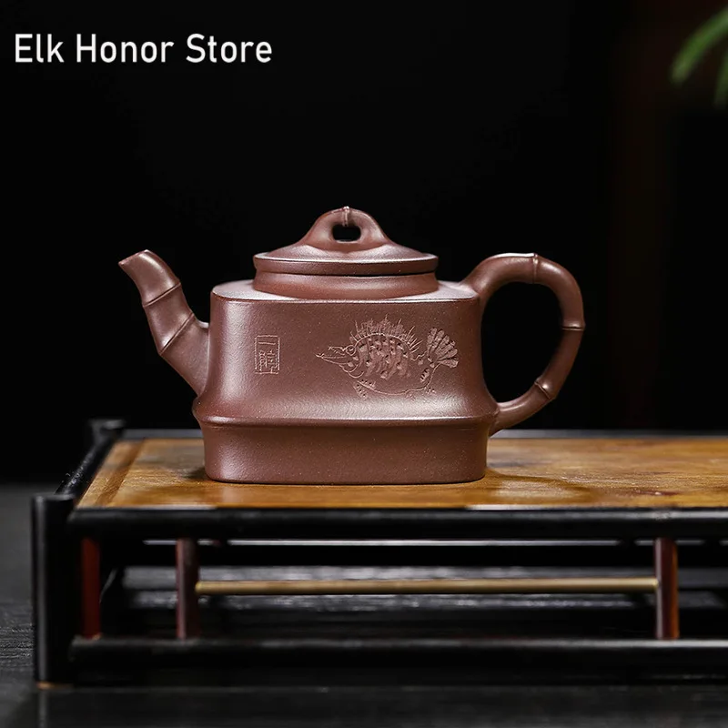 

220ml Yixing Purple Clay Teapots Beauty Kettle High-end Handmade Square Bamboo Tea Pot Raw Ore Zisha Tea Set Teaware Collection