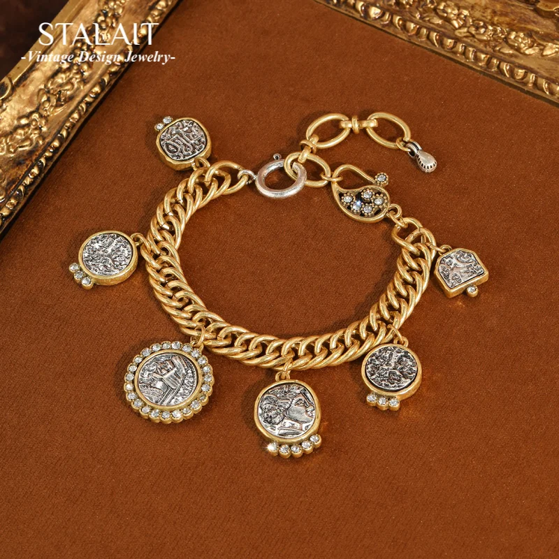

Vintage Avatar Coin Antique Chain Bracelets With Designer Charms Gold Color Links Accessories For Women Luxury Dubai Jewelry
