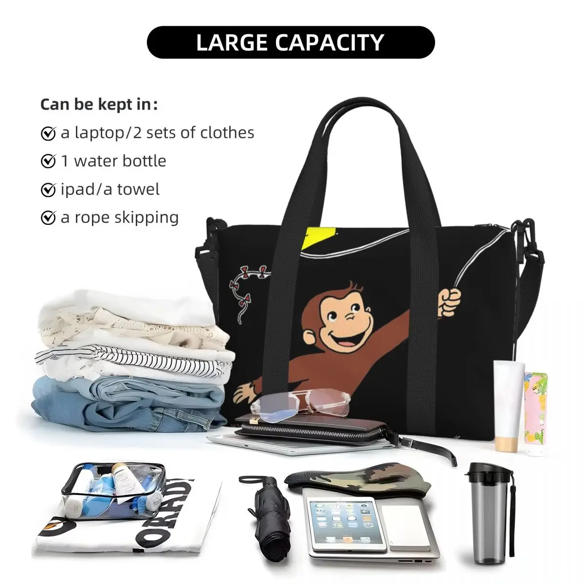 Custom Curious George - Flying Kite Beach Travel Bag Large Capacity Tote Bags for Gym Sport Women Shopping Duffle Shoulder Bag