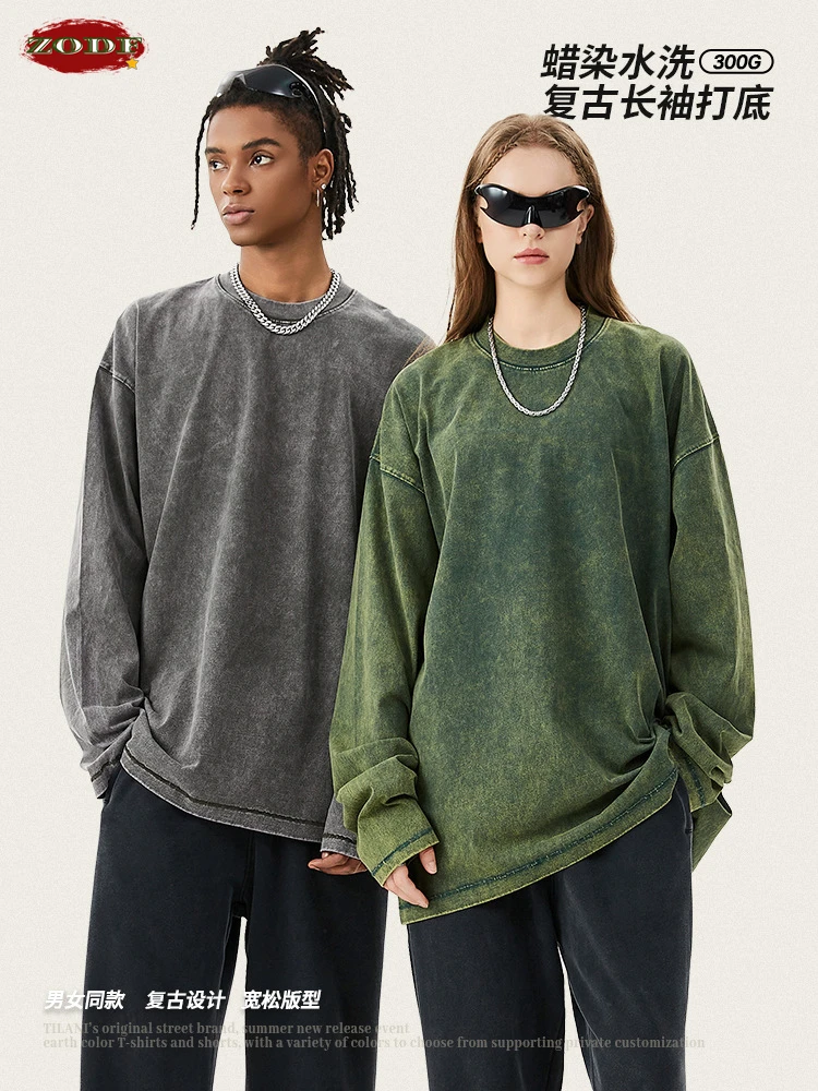 ZODF Retro Autumn Men Washed 300gsm Cotton T-Shirt Vintage Unisex Oversized Long Sleeve O-Neck T Shirt Tees Brand Tops HY0963