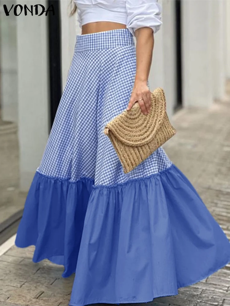 VONDA Vrouwen Maxi Rokken 2025, Zomer Patchwork Geruite Overrokken Vakantie Boheemse Afdrukken Lange Bodems Casual Oversize Femininas