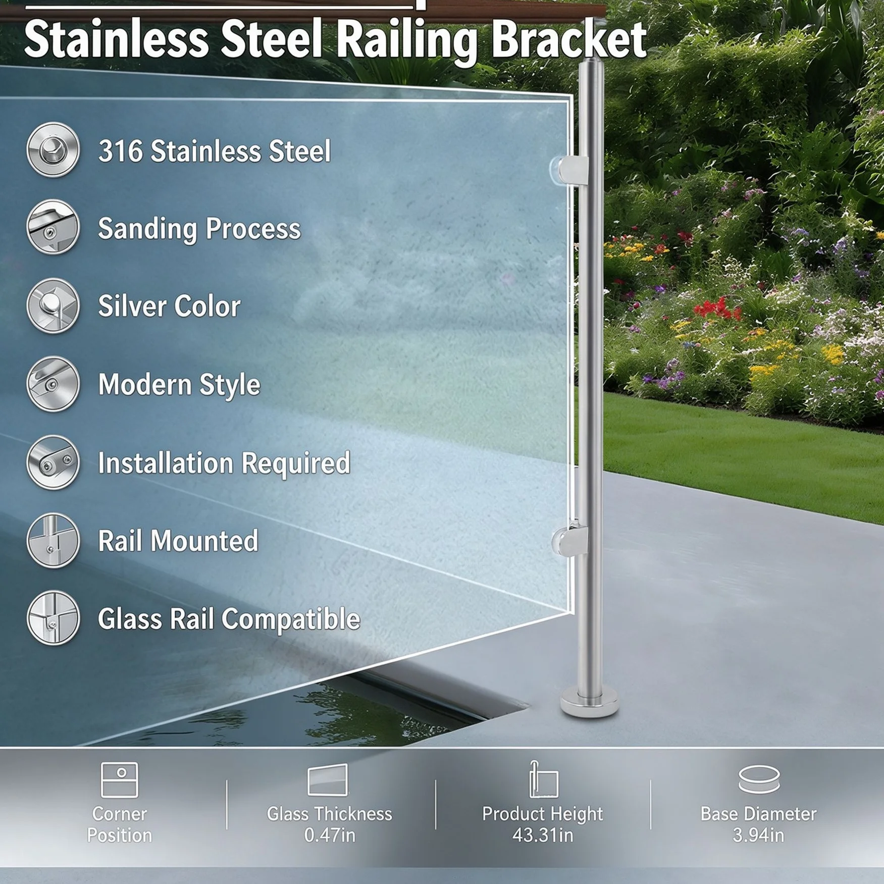 316 Stainless Steel Corner Column Post,Silver Stainless Steel Coner Post,43.31in Corner Post For Glass Railing