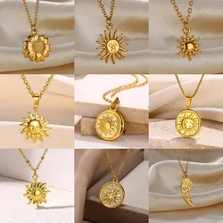 Delicate Sun Pendants Necklace for Women Gold Color Stainless Steel Moon Sunflower Waterproof Necklace Party Jewelry Gift