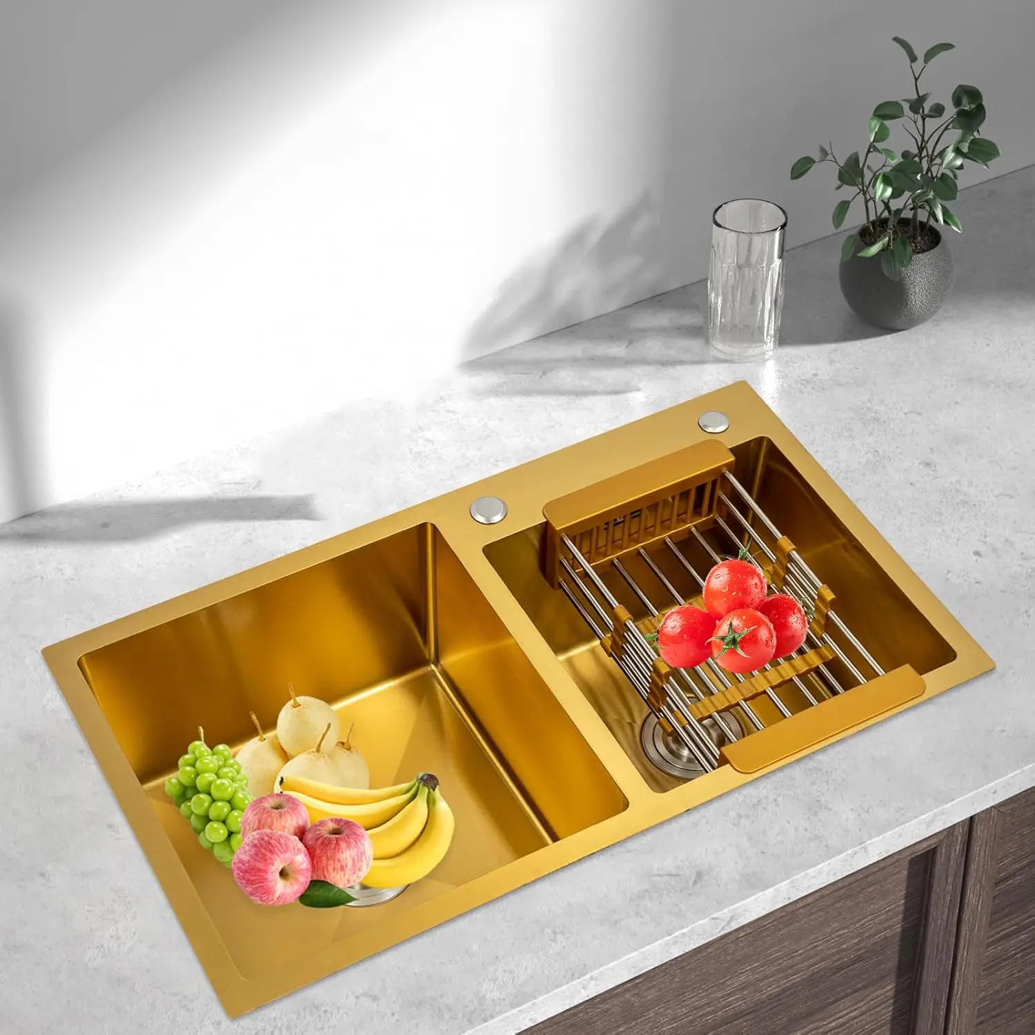 حوض مطبخ مزدوج الوعاء، حوض مطبخ من الفولاذ المقاوم للصدأ، حوض مطبخ ذهبي، أحواض مطبخ من الفولاذ المقاوم للصدأ مثبتة على الأعلى 31.5X17.72X8.6