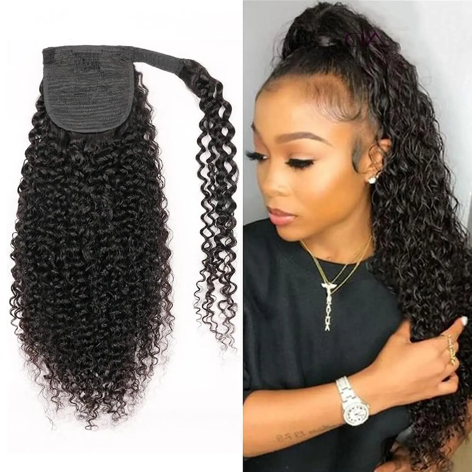 Kinky Curly Virgin Raw Human Hair Ponytail Extension Wrap Around Hairpiece Straight Curly Clip-In for Women Hair Ponytails