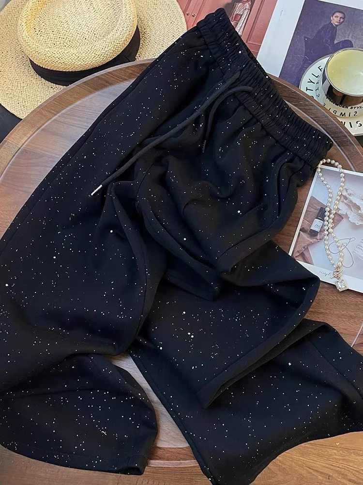 

Zoki Diamond Elegant Wide Leg Pants Women High Waist Casual Korean Trousers Spring Loose Female Lace Up Fashion Black Sweatpants