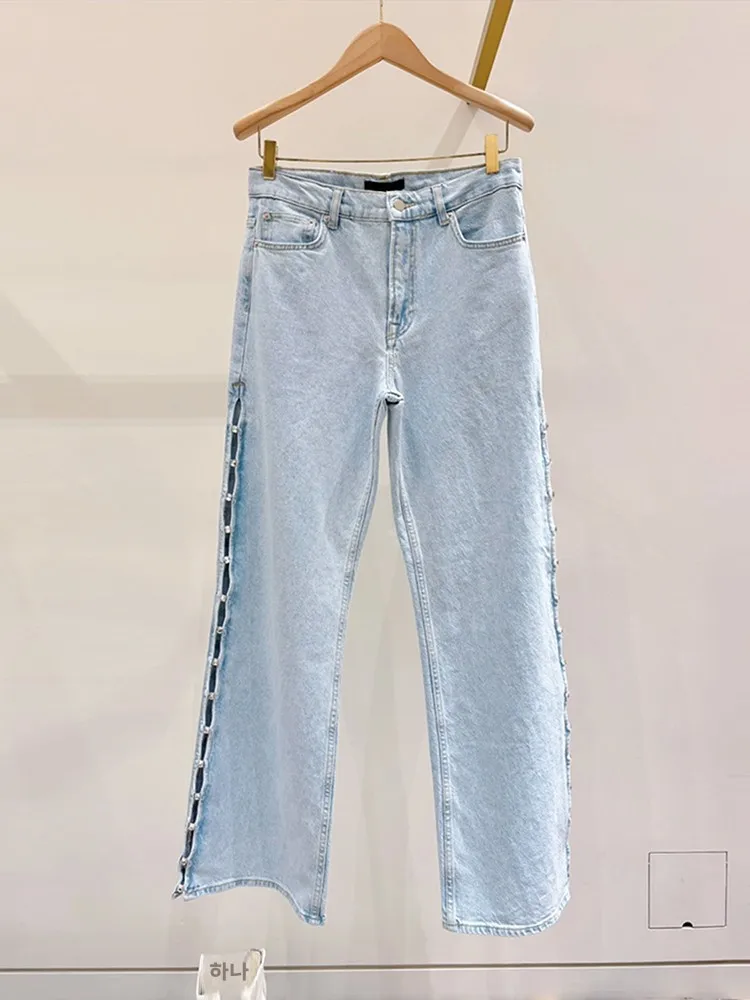 

M Home Nan You High End Women's Casual Waed Blue Wide Leg Denim Pants Embroidered Hollow out Design Comfortable Fit Jeans