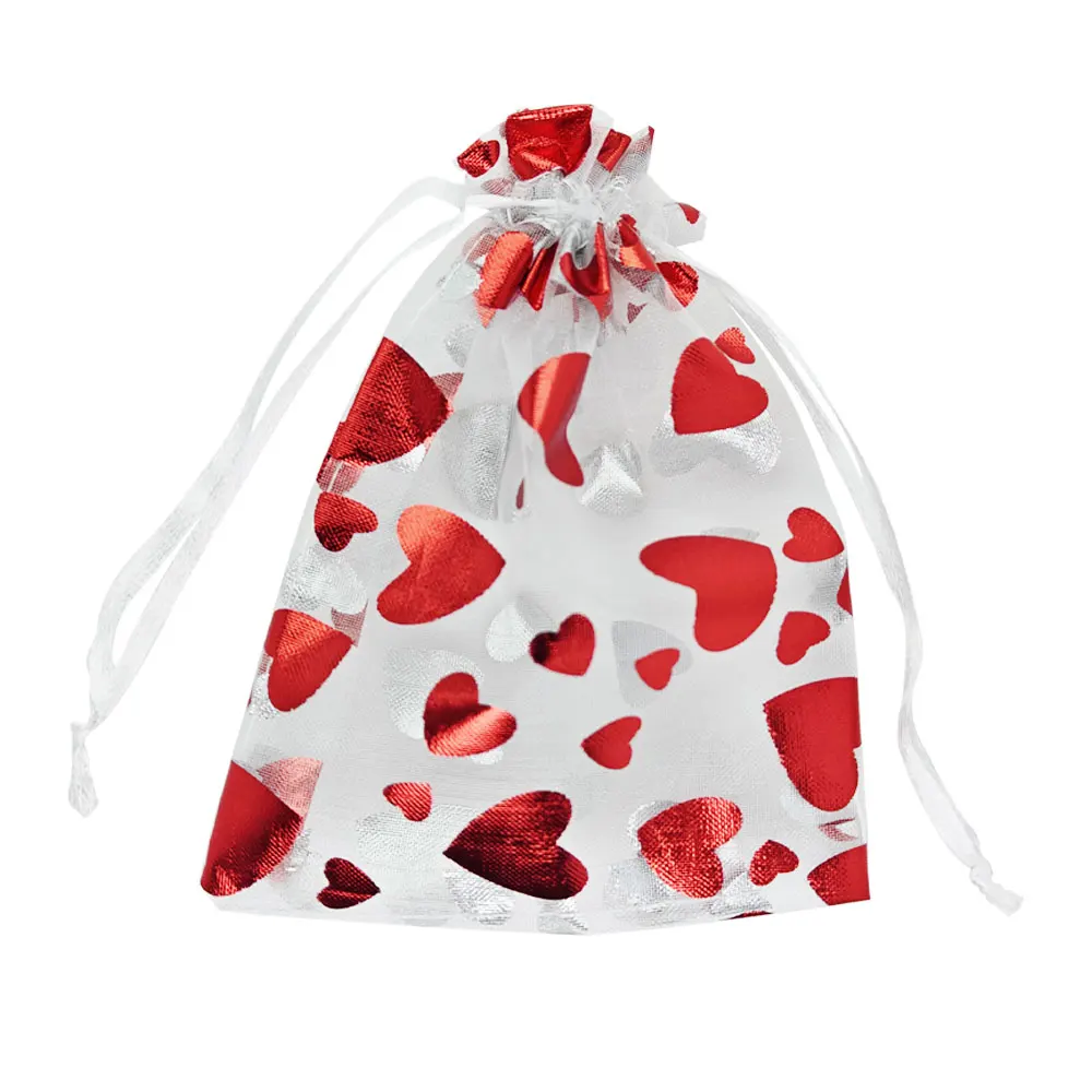 10/25/50pcs Hot Red Printing Organza Gift Bag Love Heart Drawstring Pouches For Wedding Valentine's Day Bag Gift Candy Packing