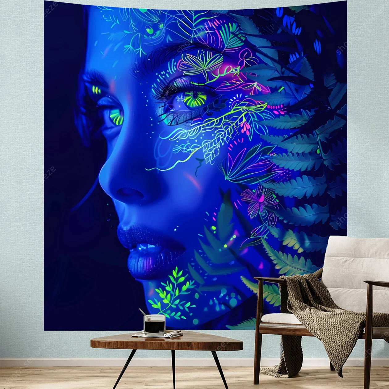 The Face of Beautiful Woman UV Reactive Tapestry Pteridophyte Neon Backdrop Wall Tapestry Room Decor Aesthetic Gift for Friends