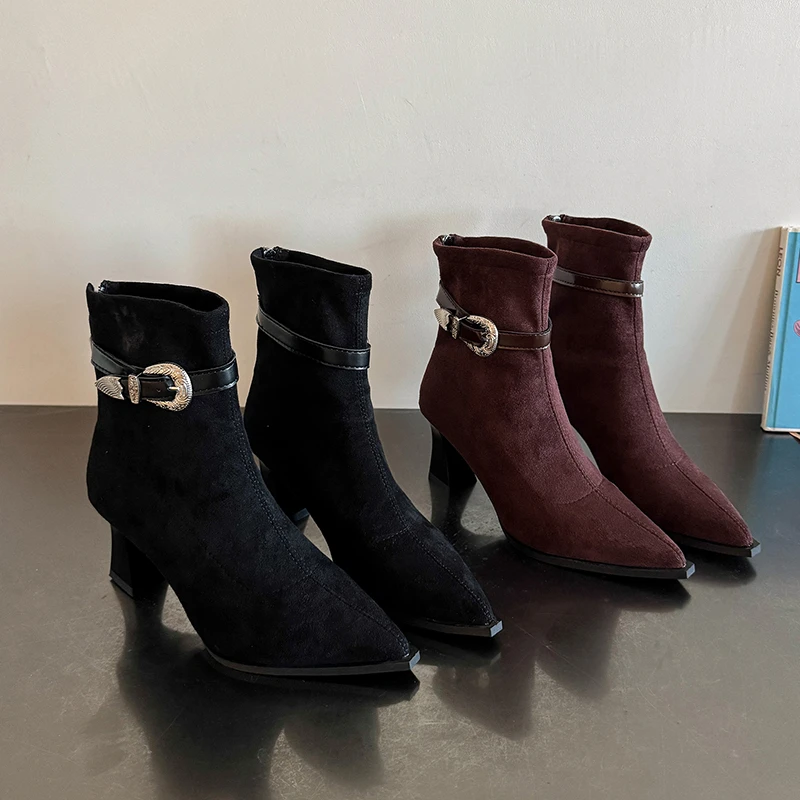 Women's new autumn and winter pointed-toe thick-heeled ankle boots, high-heeled boots with a stylish matte suede texture 2025