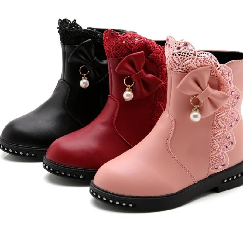 

Hot Selling Girl Boots2025winter Fashion Child Princess Shoes Retro Butterfly Knot Cotton Shoe Versatile Flat Bottom Girls Boots