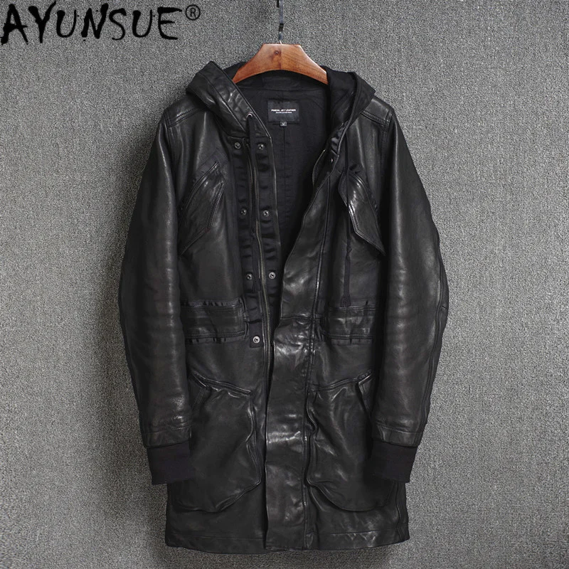 

Retro Genuine Leather Jacket Men Hooded Long Sheepskin Coat Spring Autumn Luxury Motorcycle 2024 KJ4734