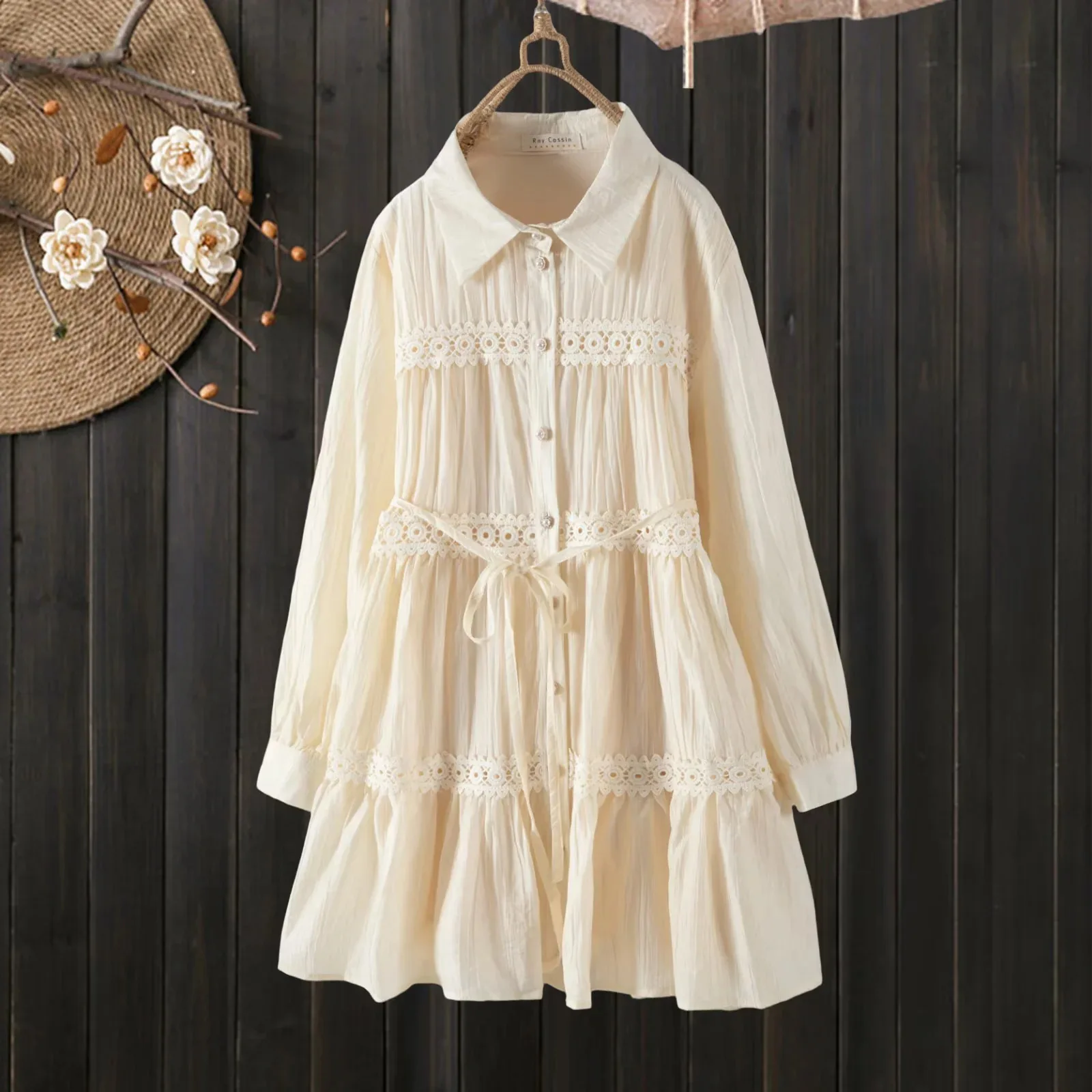 和菓子森ガール無地レースパッチワークコットンシャツドレス女性秋ターンダウンカラー長袖ベルト付きドレス