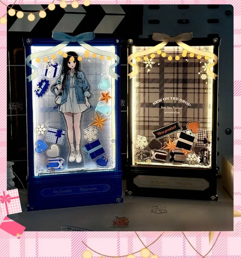 Illuminated‑Showcase Acrylic Shaker Frame, Cute Bow Gift Design Character Stand Display Case, for Anime Kpop Merch Desk Decor