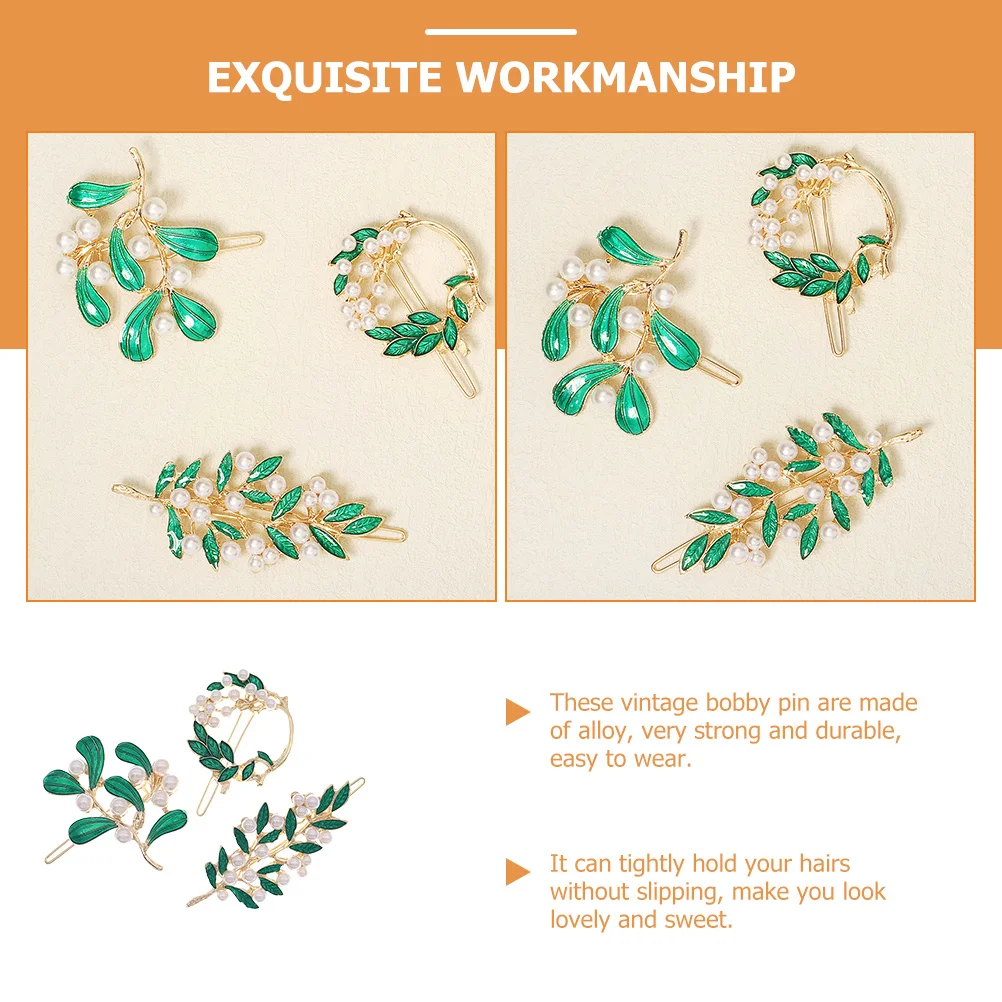 

3Pcs Girls Hair Barrettes Vintage Leaf and Pearl Decorative Alloy Hairpins for Women Daily Wear Special Occasions