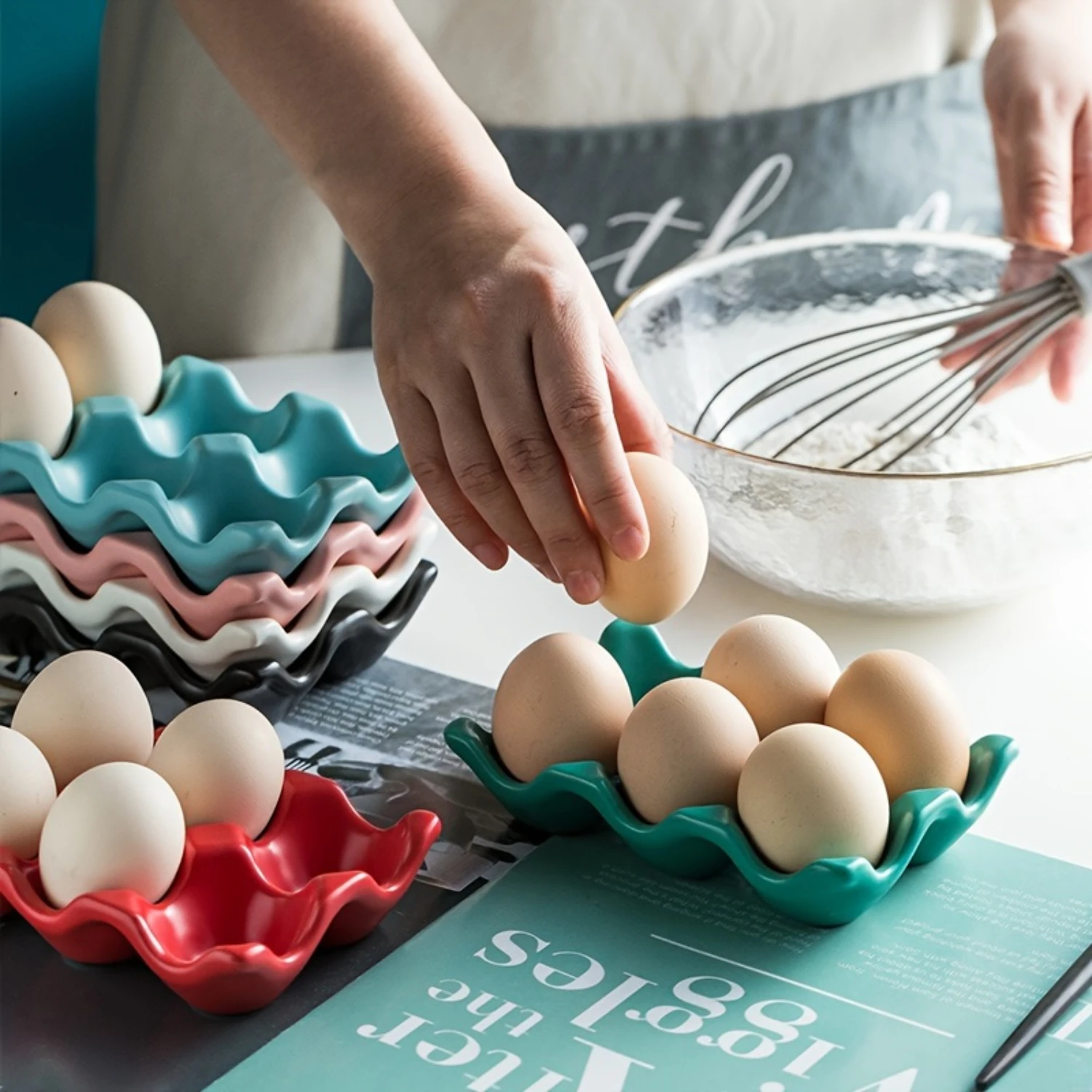 1pc Colorful Ceramic Egg Tray, Household Ceramic Egg  Box, Double Row 6-cell Egg Display Rack, Egg Rack,  Refrigerator Preservat