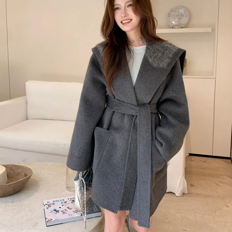 New Korean version simple double-sided wool coat for autumn and winter, niche design for women's clothing, waist cinching and sl