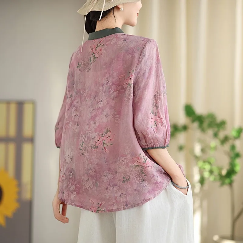 Chinese Style Casual Blouse Shirt Women New Arrival 2024 Summer Vintage Floral Print Loose Comfortable Female Tops Shirts B3863