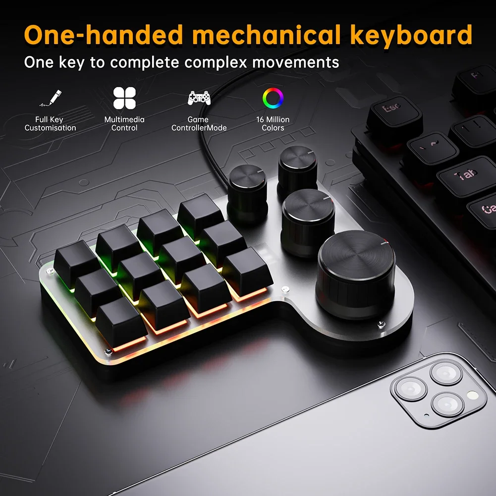 12 Keys 4 Knobs Mechanical Macropad Hot-swap USB Wired Bluetooth-Compatible Photoshop Gaming Keypad Red Switch for Office Gaming