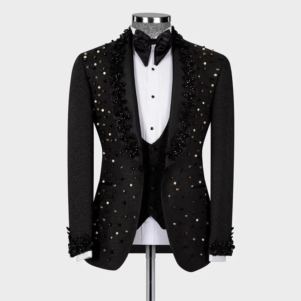 Handmade Floral Wedding Tuxedos Luxury Crystals Beaded Jacquard Prom Blazer Tailor-made Shawl Lapel Jacket Vest Pants 3 Pieces