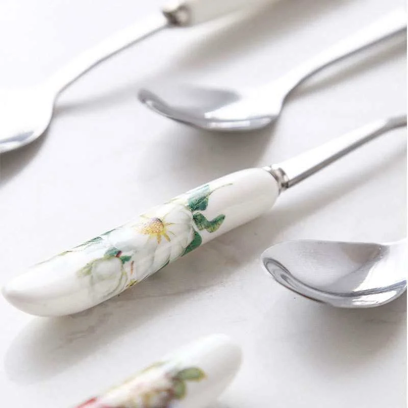 Stainless Steel Coffee Spoon Set, Teaware, Teaspoon with Ceramic Handle, Flower Tea Teaware Accessory, 6PCs