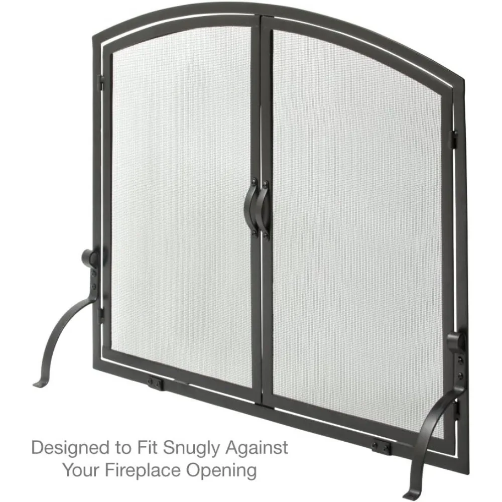 Large Single Panel Wrought Iron Fireplace Screen with Doors - Black, Modern Home Decor