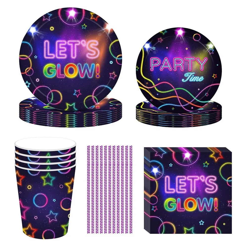 Glow In The Dark Party Cups Tableware Tablecloths Plates Banner Napkins straws Balloons Neon Glow Birthday Party Supplies