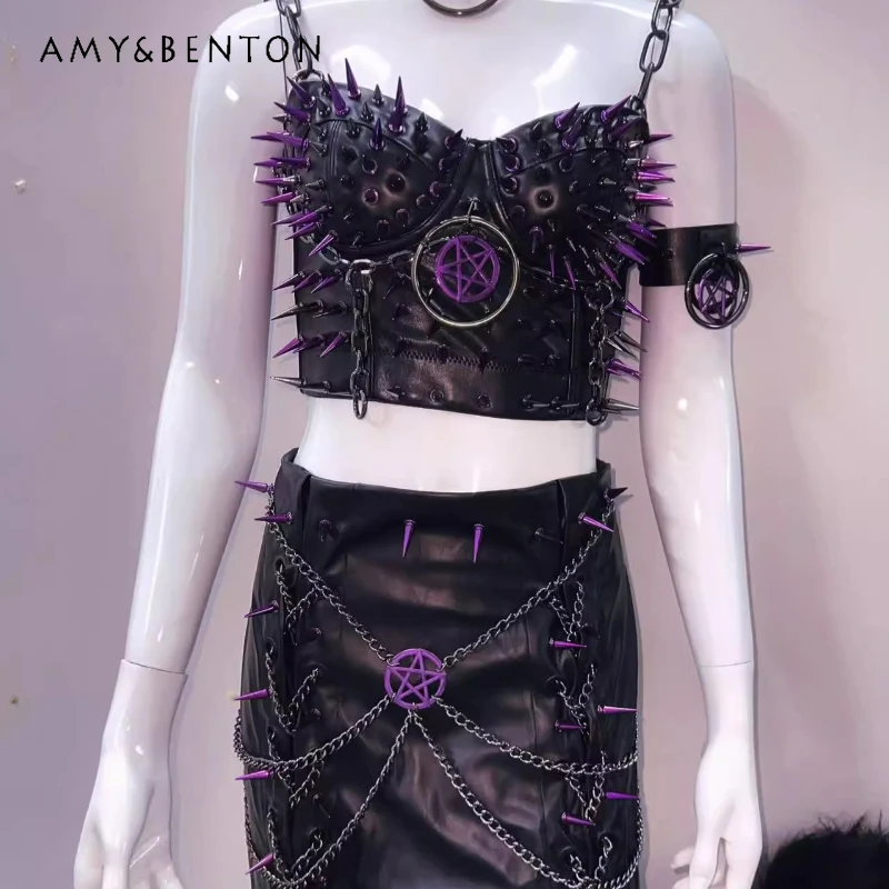 

Gothic Purple Rivets Heavy Industry Women's Clothing Punk Rock Necklace Arm Ring Chain Top Sweet Cool Sexy Skirt Suit Ladies