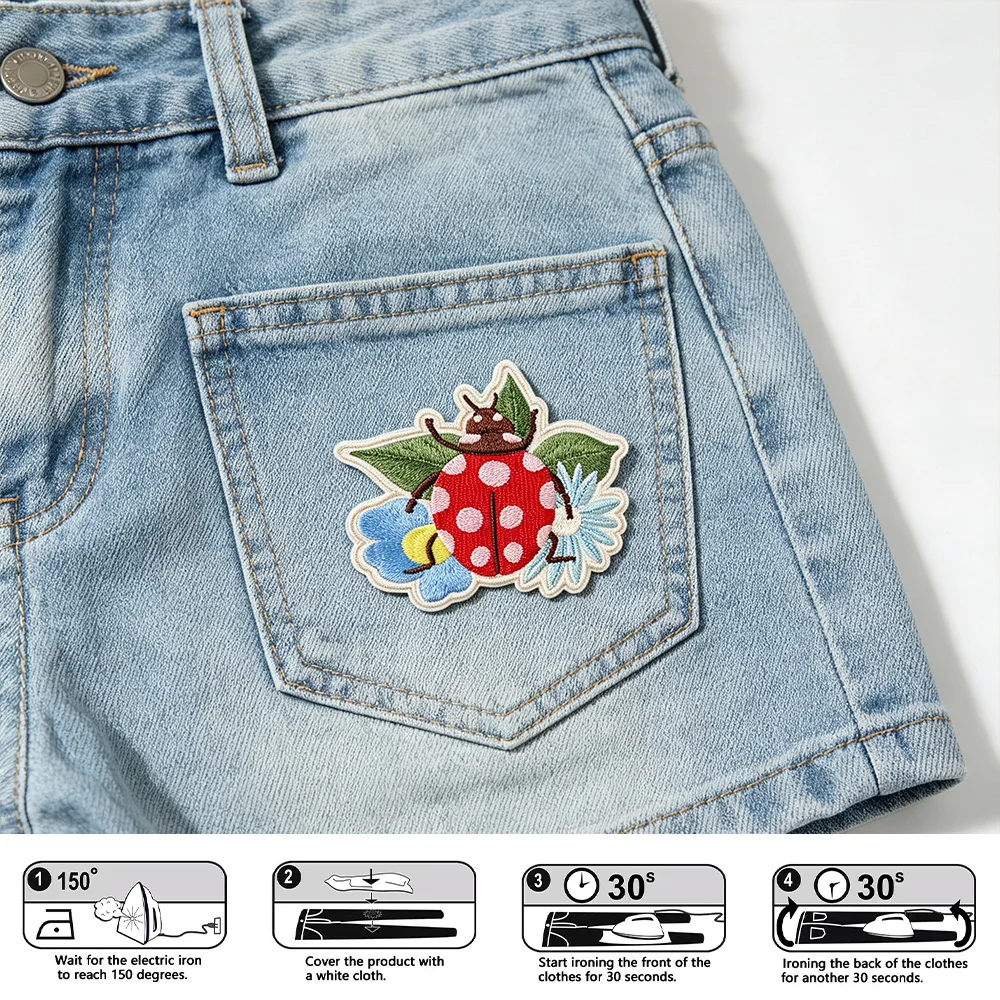 1個入り、夏らしいテントウムシの花柄刺繍ワッペン。昆虫をモチ - Embroidery Lady Bug のレビューと価格