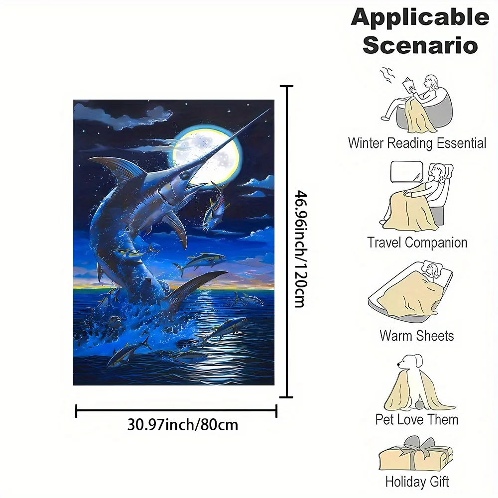 Deep Sea Shark Moon Blanket Throw Cozy Ocean Nautical Picnic Rug Gift Decorative Plush Art for Home Decor