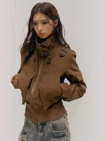 2000s American Vintage Safari Coats with Hooded Women Zipper Sweatshirts Casual Streetwear Grunge Jacket Y2k Stand Neck Harjauku