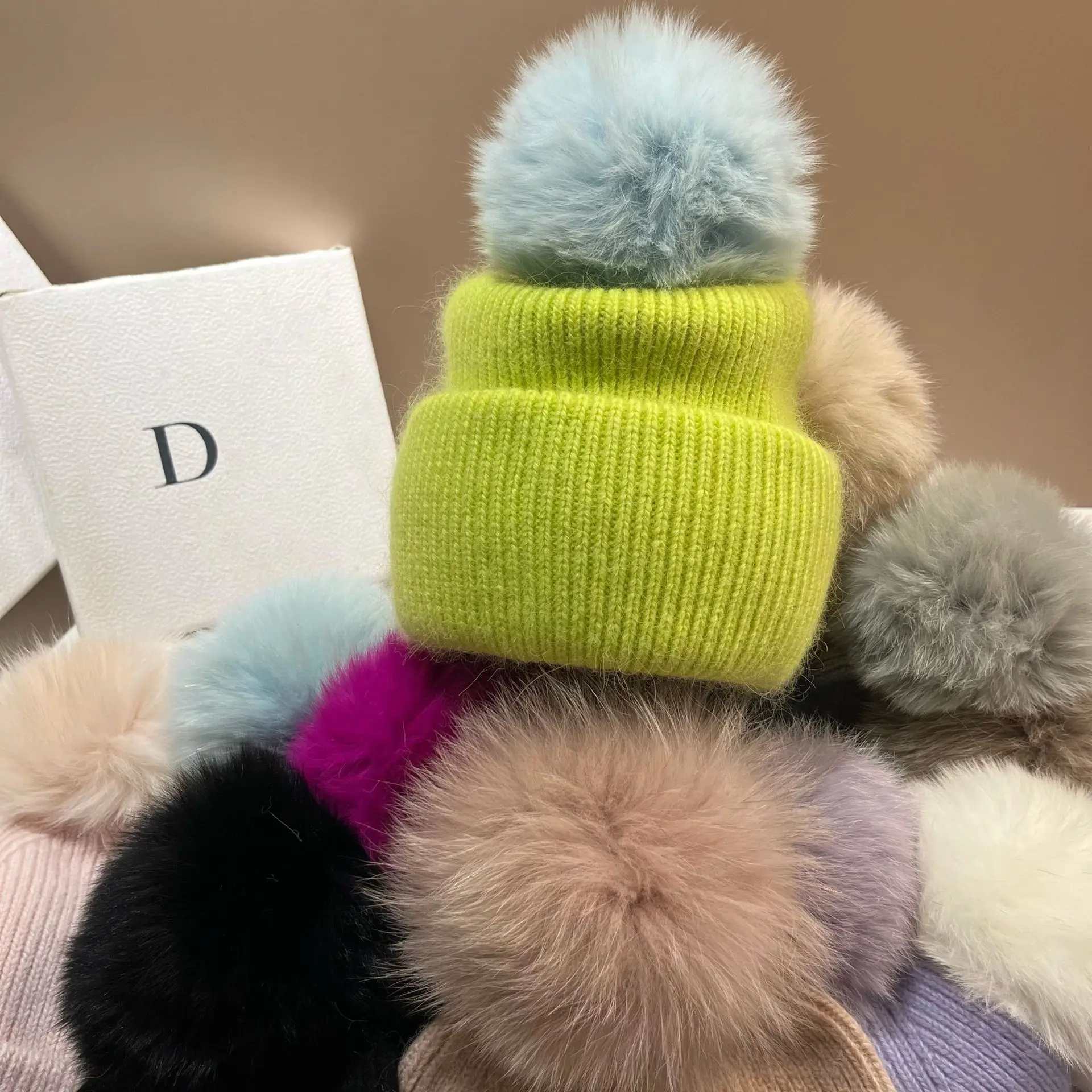 Women Rabbit Fur Knitted Beanie Hat Winter Warm Stretch Knit Cap With Real Fox Fur Fluffy Pom Pom Multi‑Colors Outdoor Ski Skull