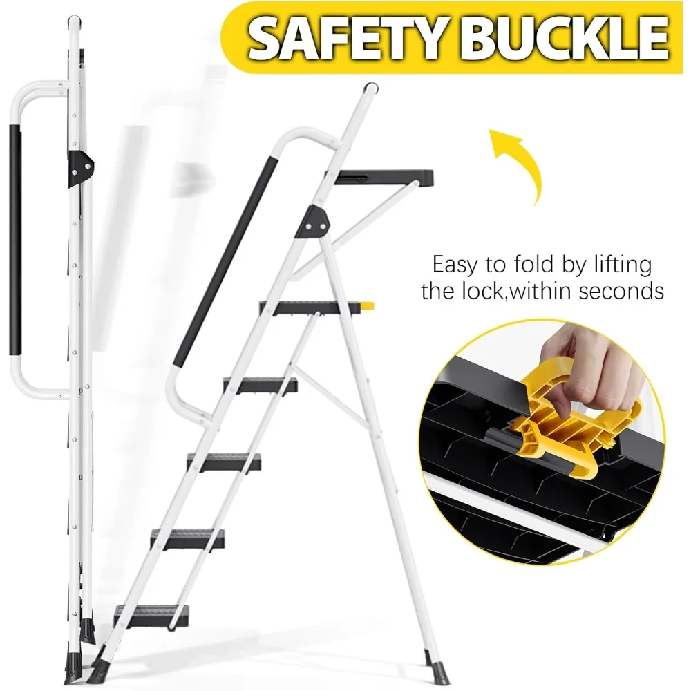 Scaletta pieghevole a 5 gradini, sgabello con capacità di 800 libbre con chiusura di sicurezza, vassoio portautensili, gradini larghi antiscivolo, corrimano, casa