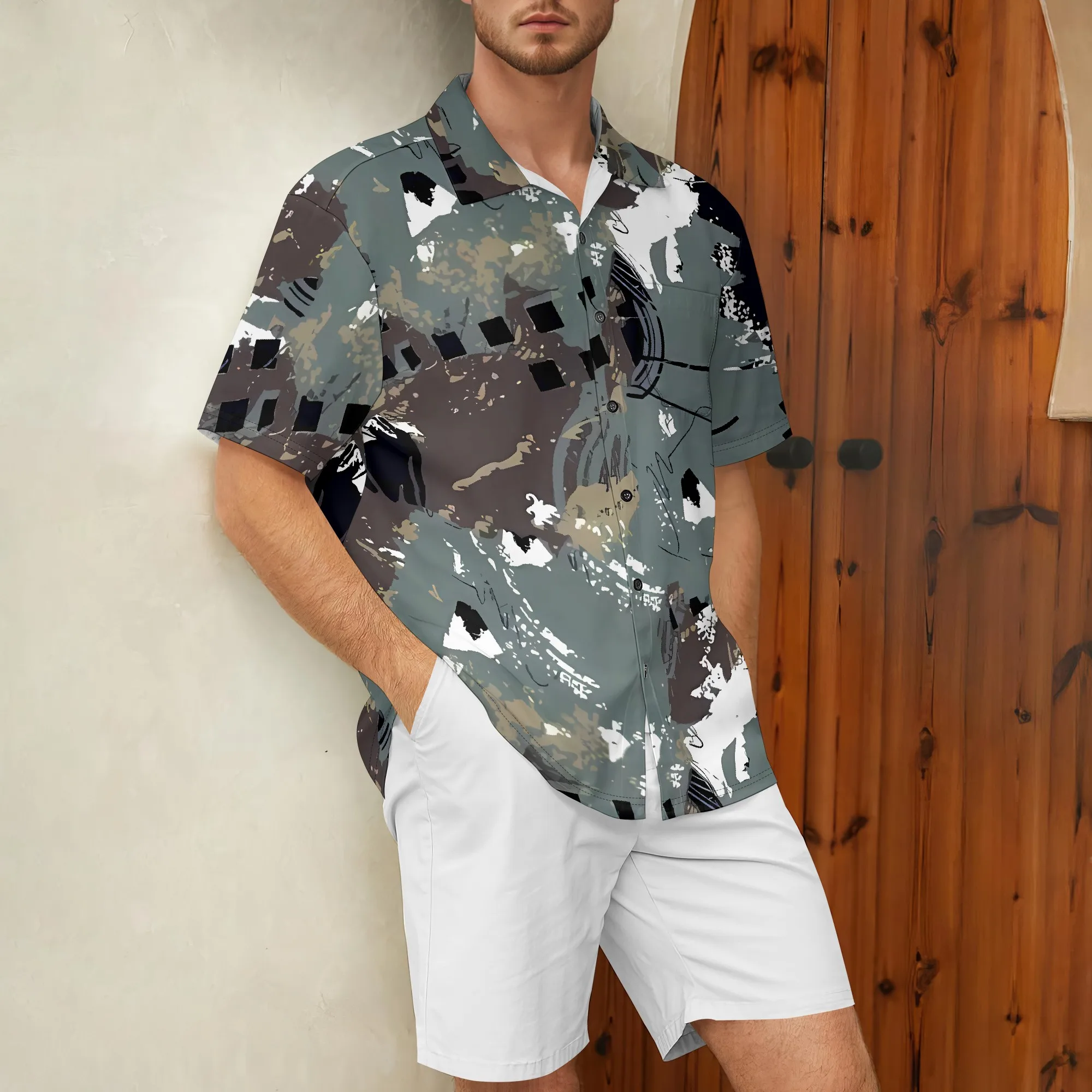 YEAE Kemeja Cetak Kotak Abstrak untuk Pria Atasan Lengan Pendek Kasual Musim Panas