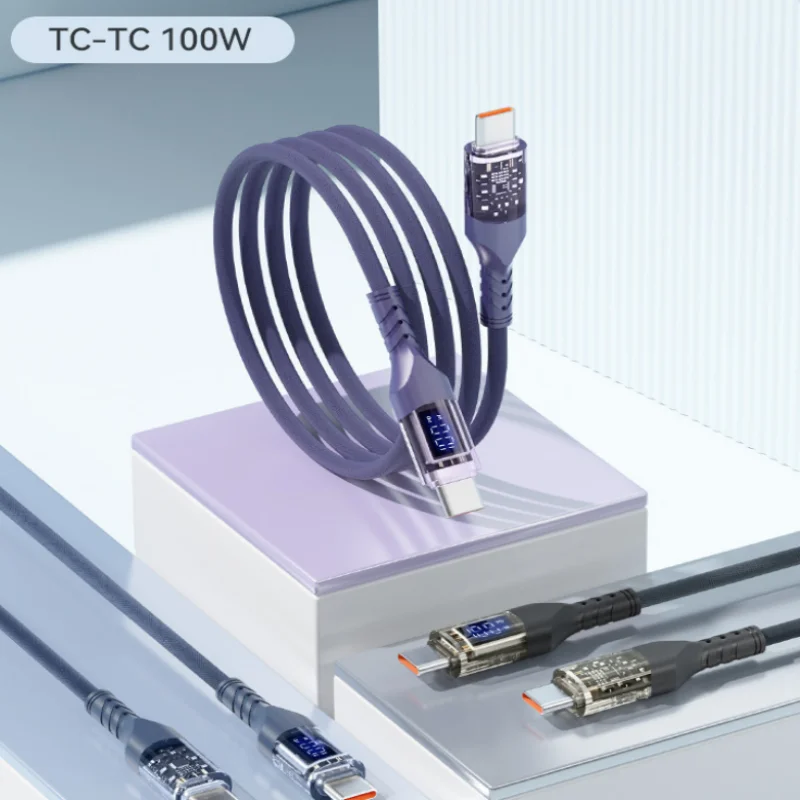 100W PD Type C to Type C Braided Charging Cable Digital Power Display Data Cord 1M 1.5M Anti-break Wire for Huawei Xiaomi