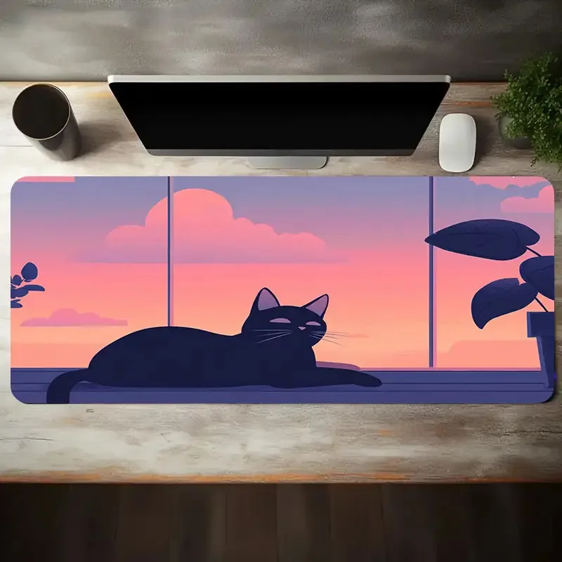 

Коврик для игрового стола Black Cat Sunset Aesthetic, очень большой, нескользящий, резиновый, увеличенный коврик для мыши, для офиса