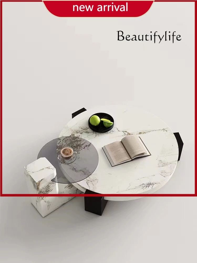 

c Minimalist marble coffee table living room household ash wood solid wood feet high and low round coffee table combination