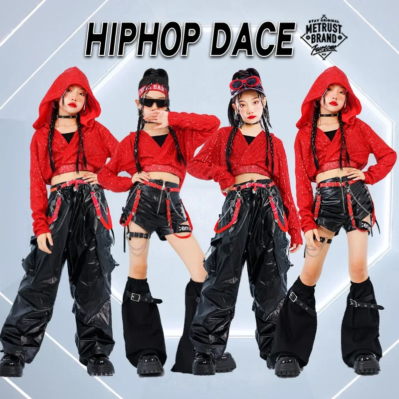 Meninas lantejoulas colheita hoodies dança de rua calças de carga crianças hip hop saias jazz shorts conjuntos de roupas criança streetwear trajes k-pop